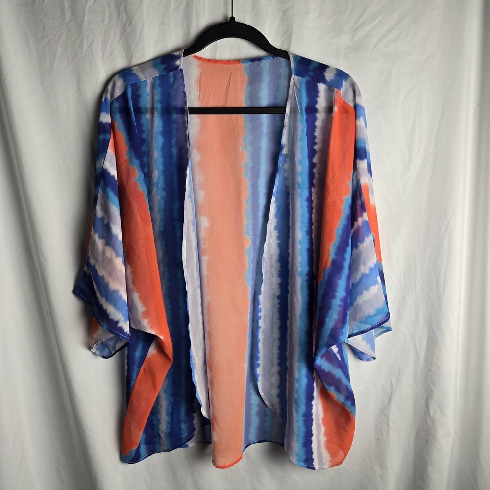 Kimono‎ Artsy Boho Blue Watercolor Stripes Medium Short Festival Poolside Fairy
